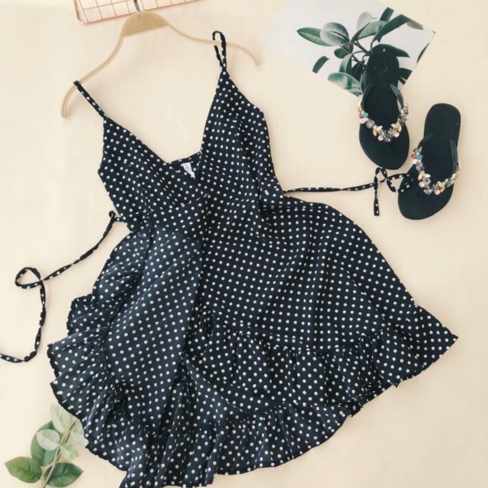 Dress polka dot blush lavender ruffle vneck dress - Picture 2 of 5